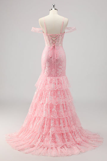 Różowy Syrenka Gorset Koronkowe Długa Sukienki Na Studniówke z Falbankami